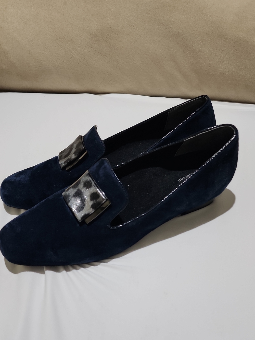 New Condition Ros Hommerson Navy Suede Slip-Ons with Silver-Tone Accent